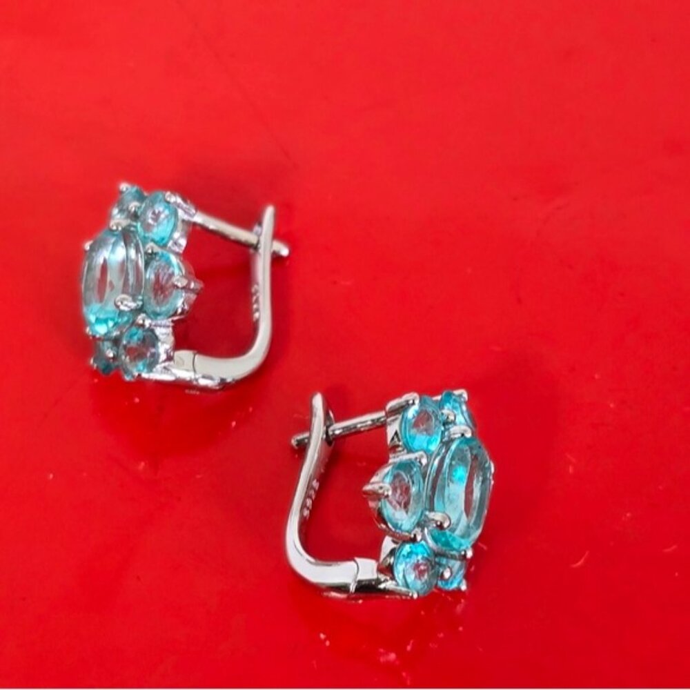 925 Sterling Silver Earrings with Natural Paraiba Blue Topaz 7x5mm Gemstone - Picture 4 of 6